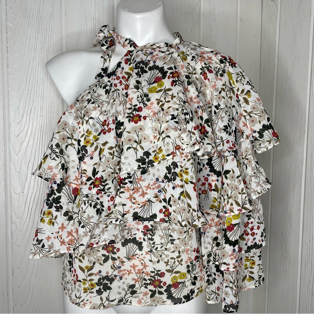 Why Dress One Shoulder Top S Tiered Asymmetrical White Brown Pink Tie Neck